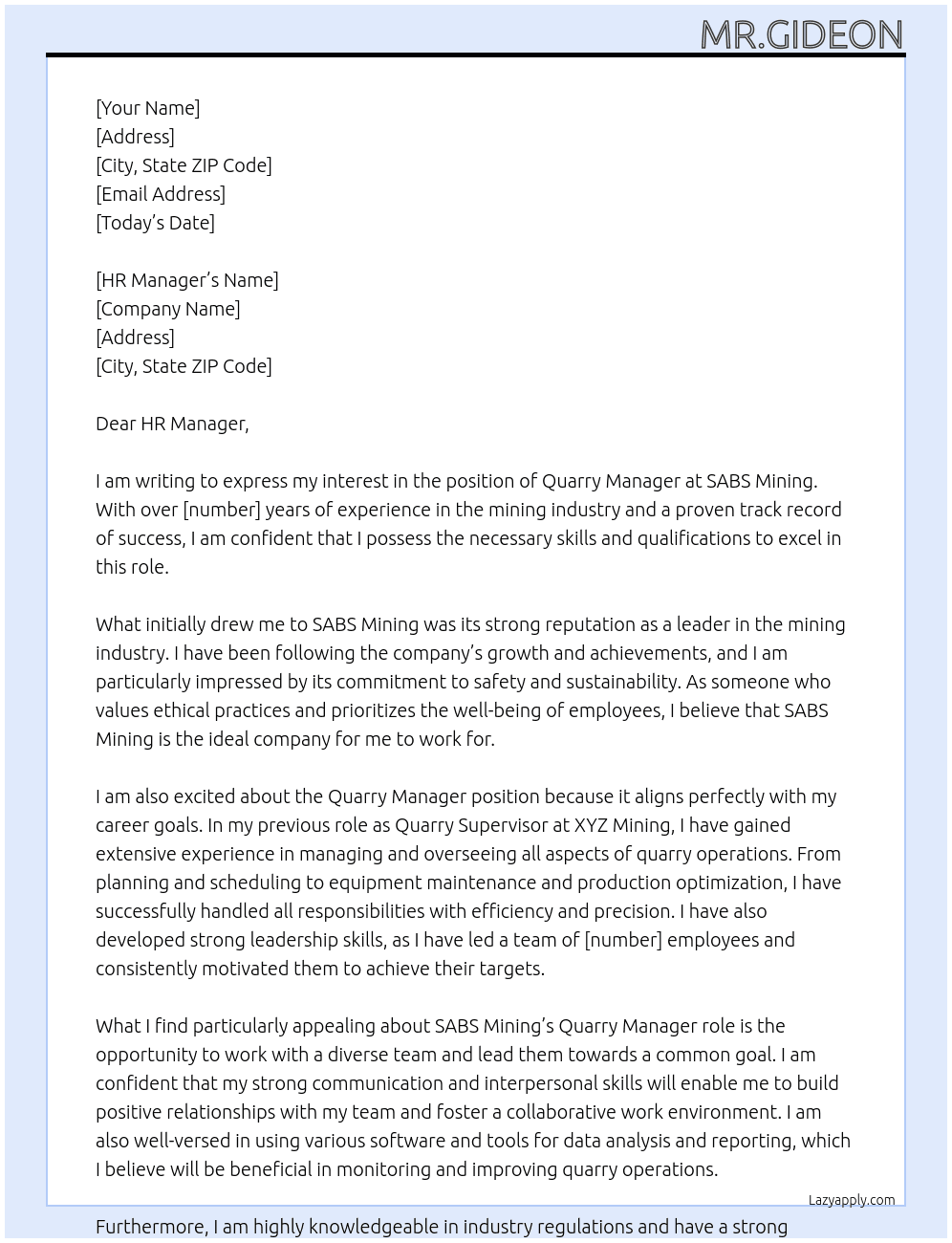 Quarry manager At SABS Mining Cover Letter