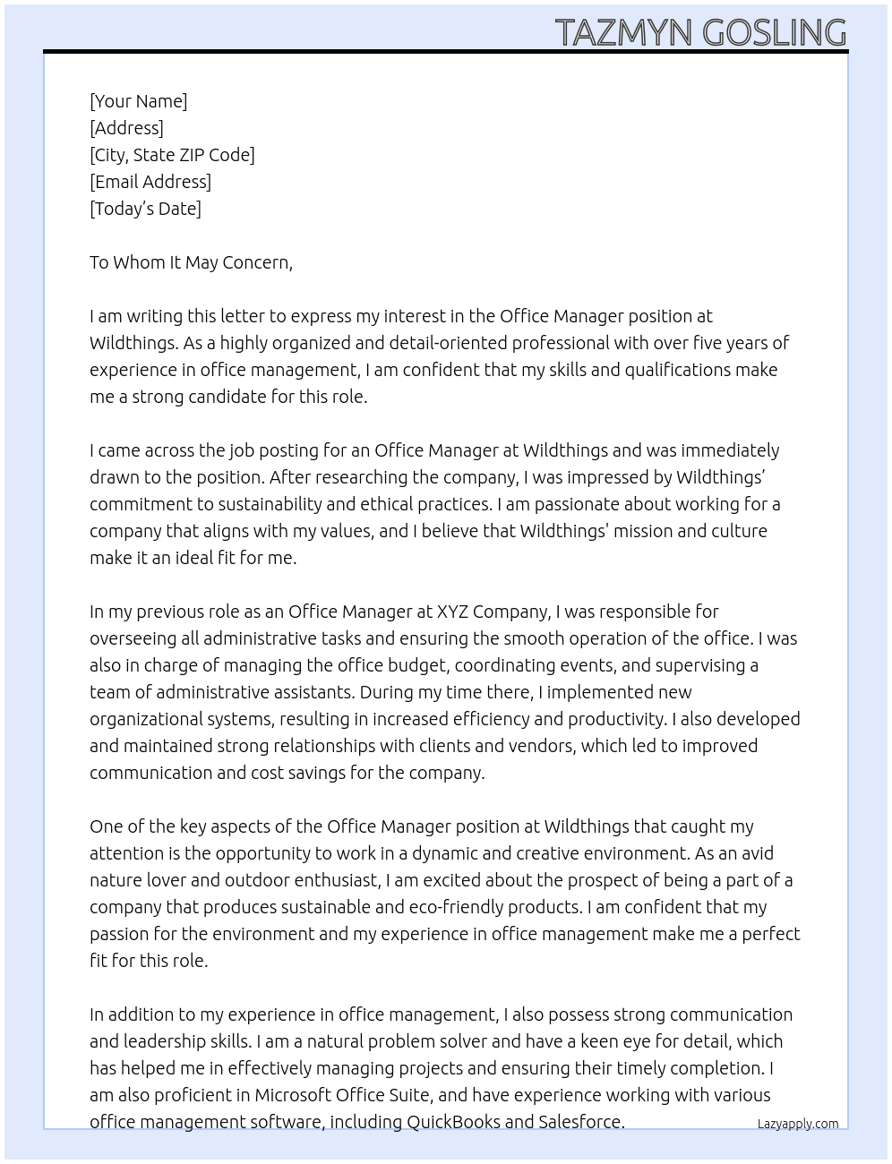 Office Manager At Wildthings Cover Letter