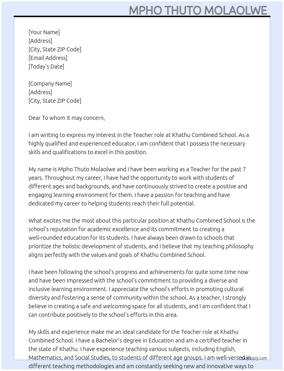 Teacher At KHATHU COMBINED SCHOOL Cover Letter