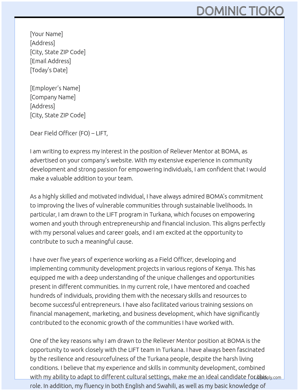 reliever mentor lift nk-turkana  At BOMA  Cover Letter