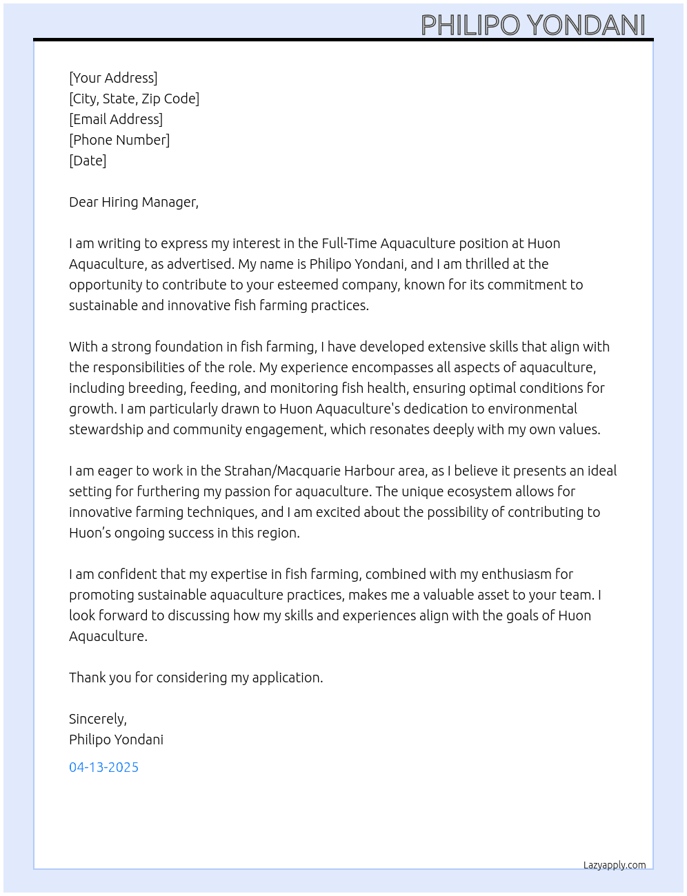 Cover letter for aquaculture - LazyApply