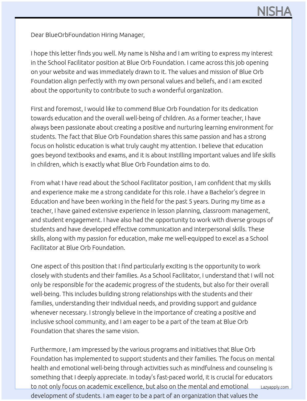 School facilitator At Blue Orb foundation Cover Letter