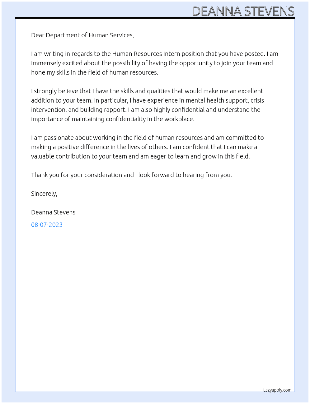 HUMAN RESOURCES INTERN At Department of Human Services Cover Letter