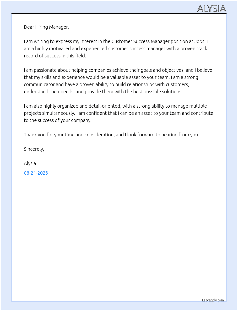 Customer Success Manger At Jobs Cover Letter