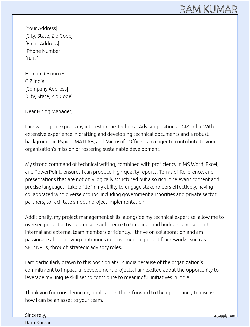 Technical Advisor At GIZ India Cover Letter