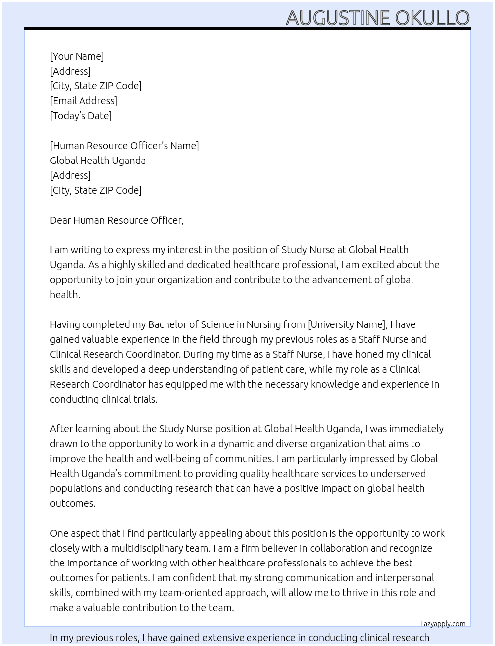 Study nurse At Global health Ugnada Cover Letter