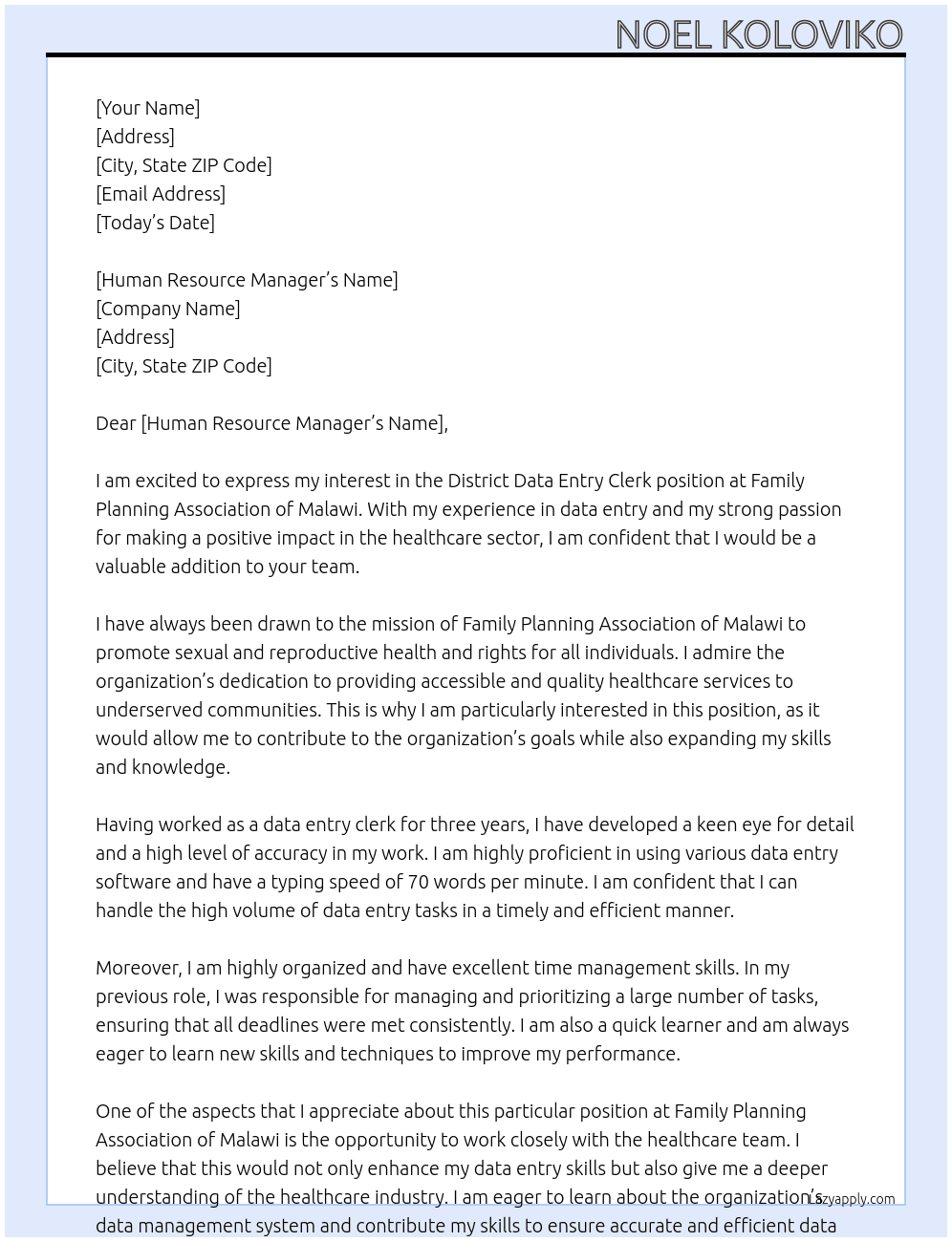 District Data Entry Clerk At Family Planning Association Of Malawi Cover Letter