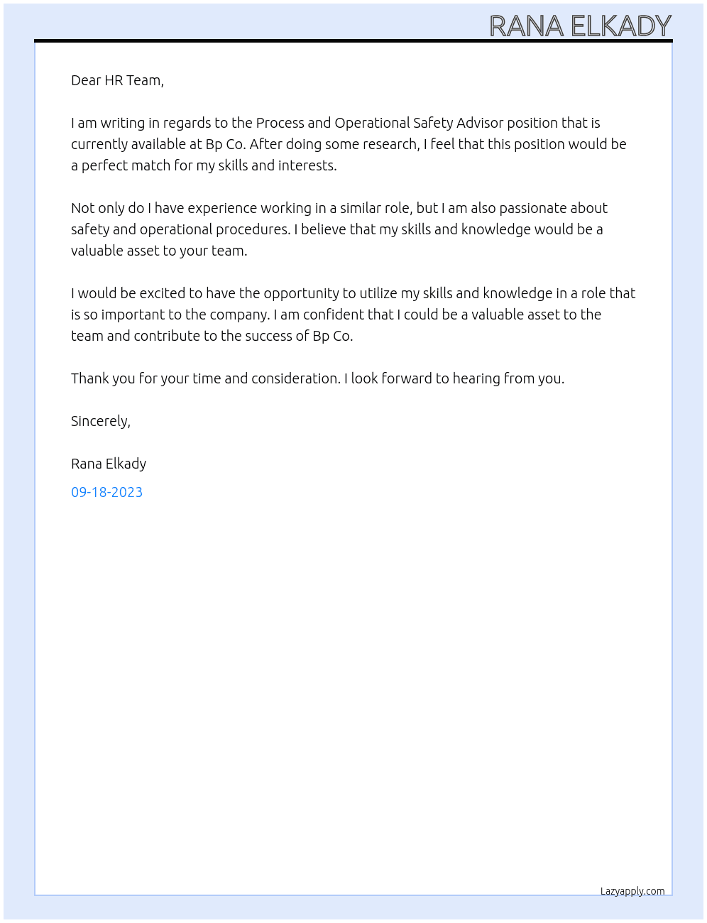 Process and Operational Safety Advisor At Bp Co Cover Letter