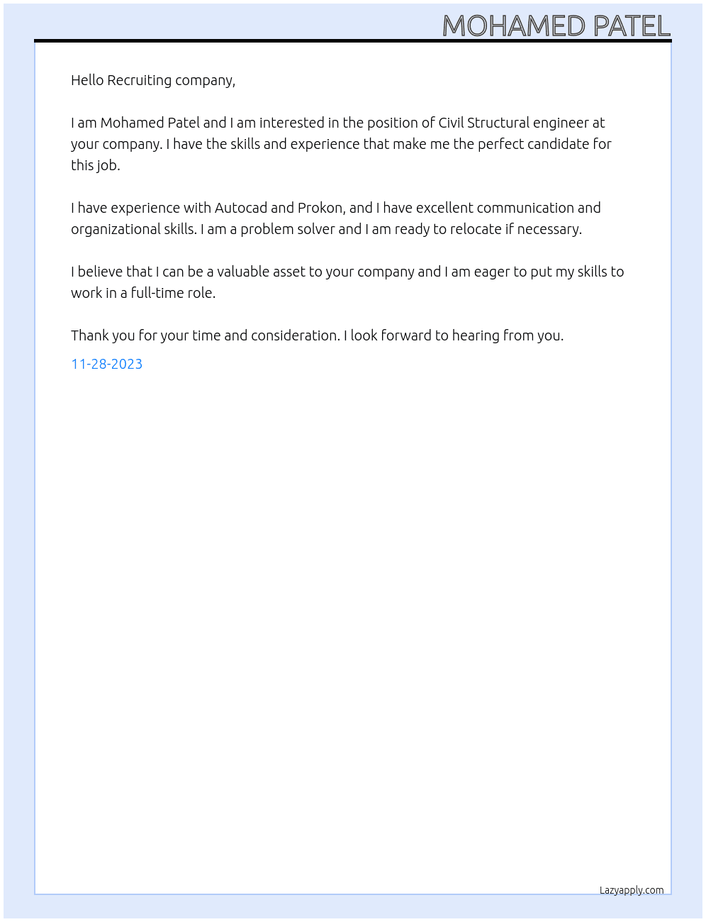 Civil Structural engineer  At Structural Engineering company Cover Letter