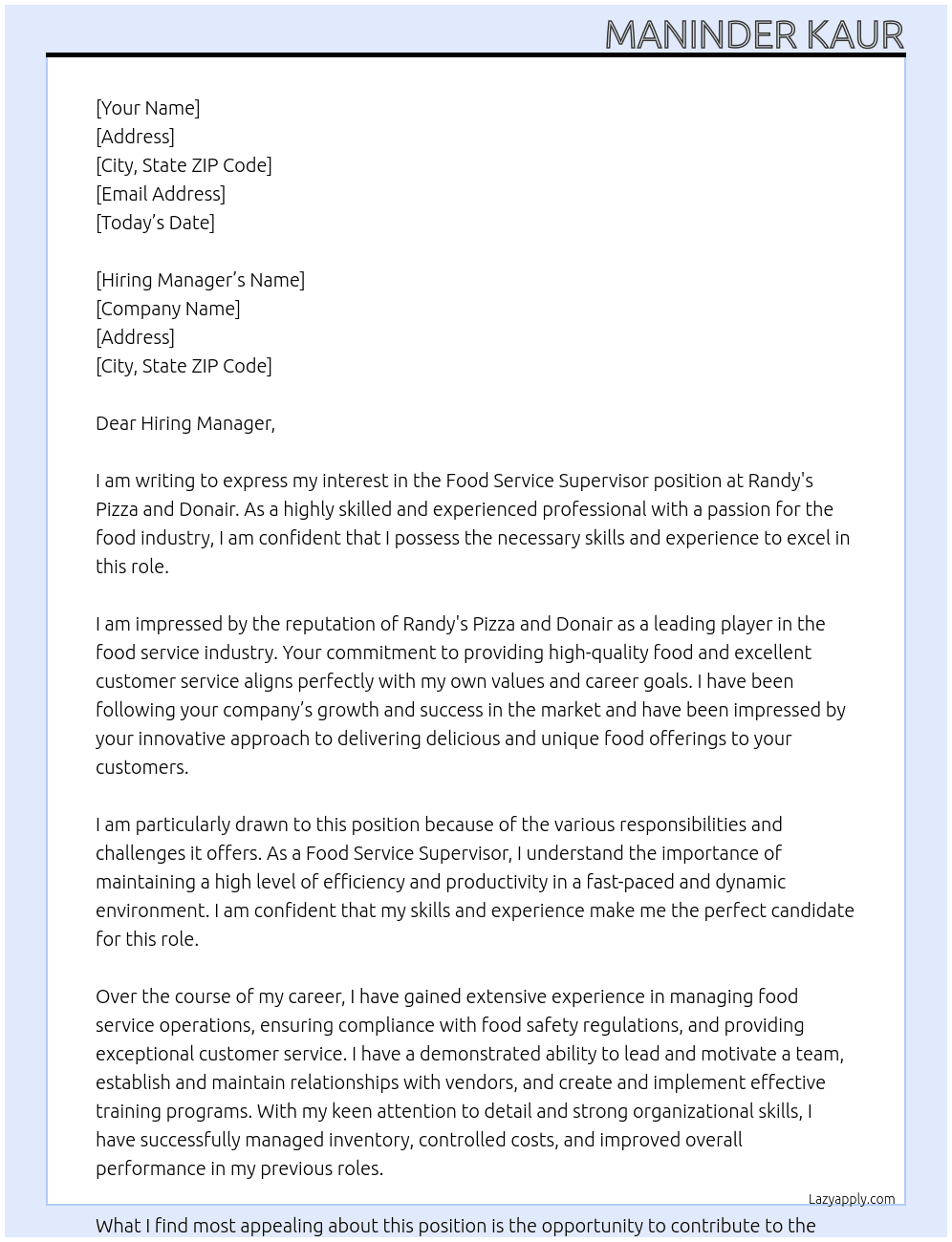 Food service supervisor At Randy's Pizza and Donair Cover Letter
