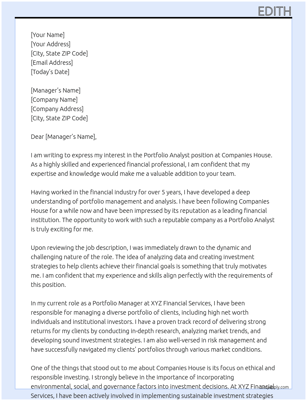 Portfolio analyst At companies house Cover Letter