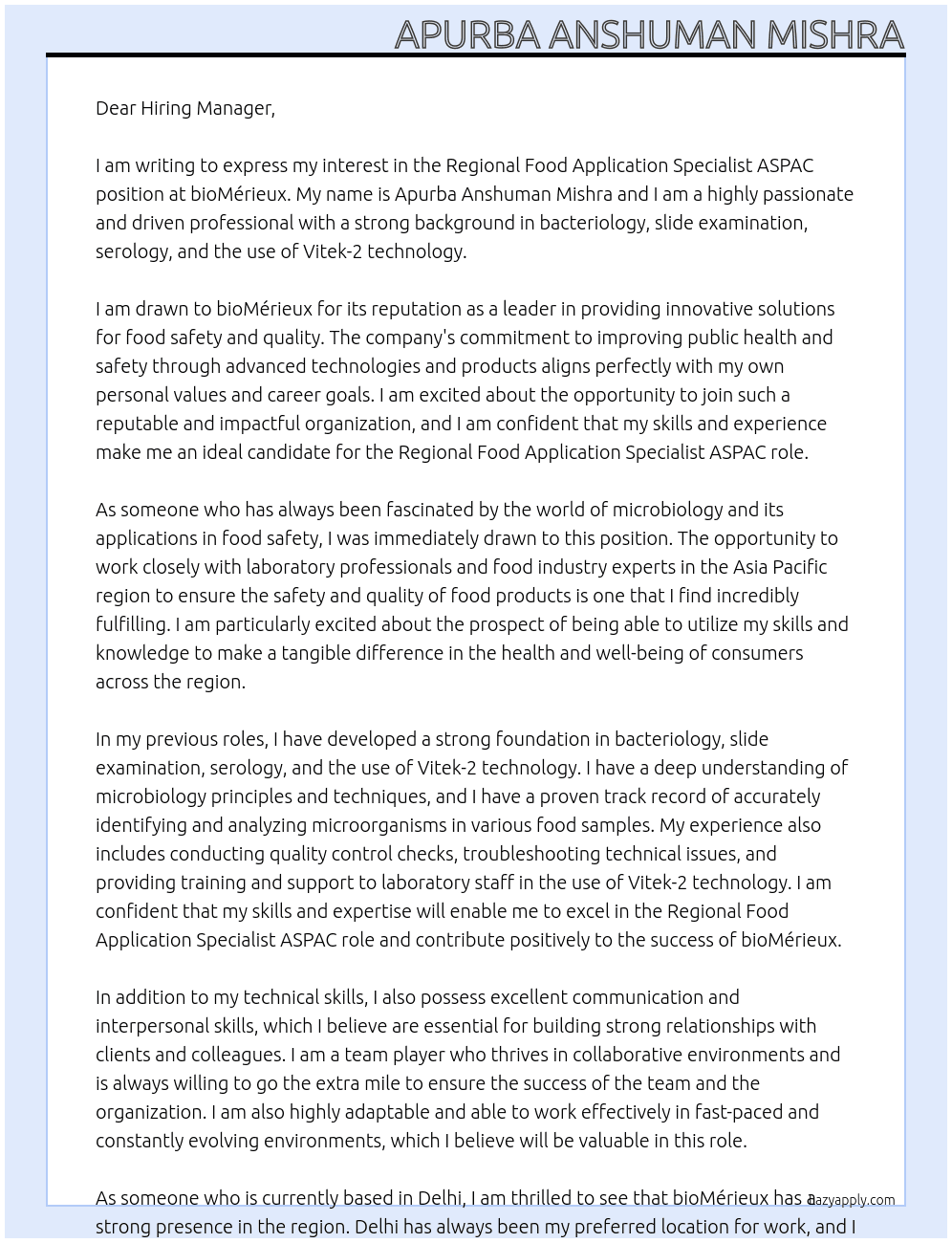 Regional Food Application Specialist ASPAC At bioMérieux Cover Letter