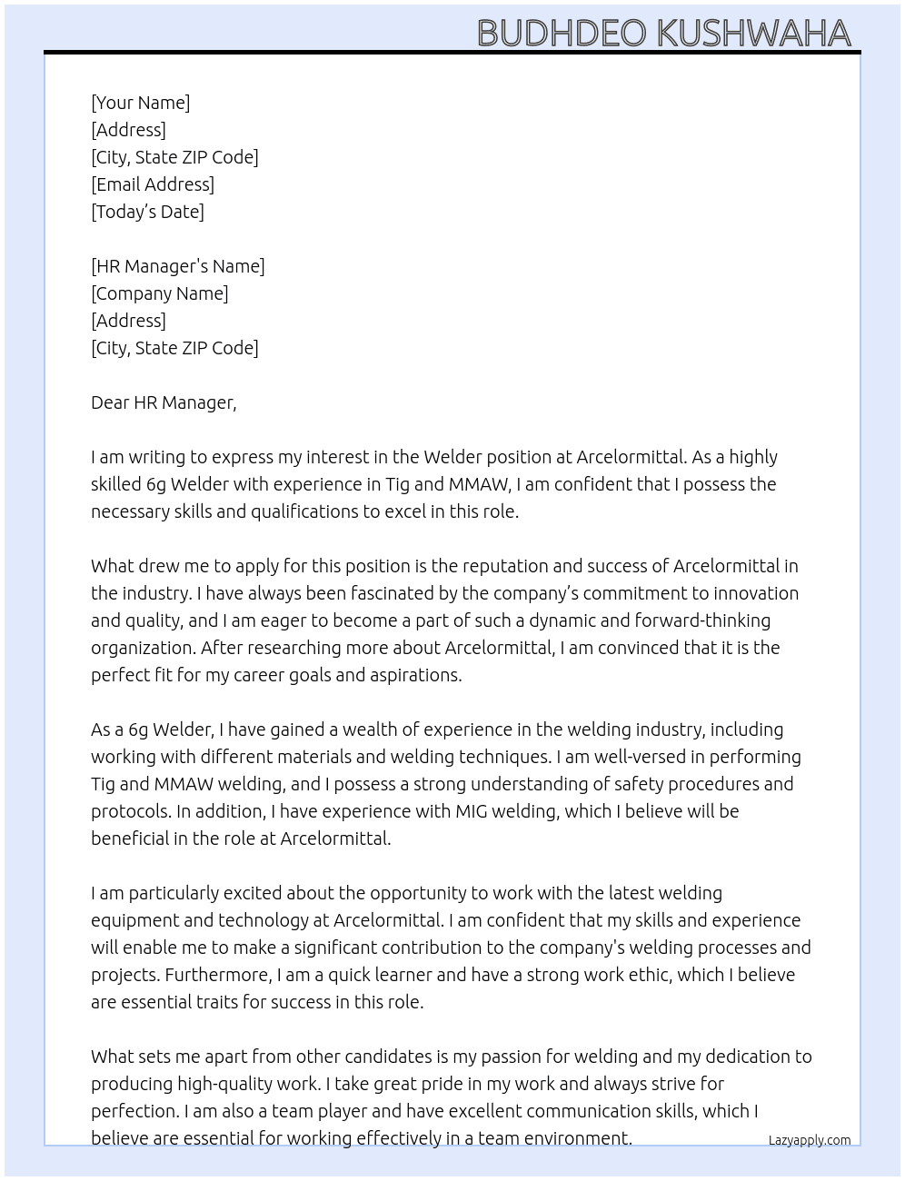 Welder  At Arcelormittal  Cover Letter