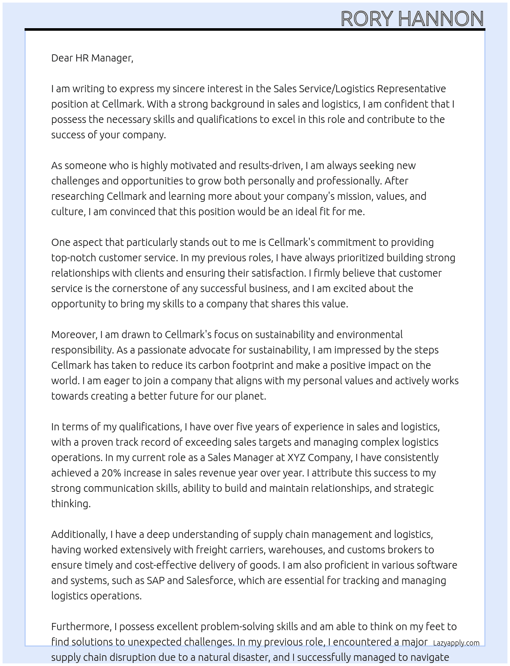 Sales Service/Logistics Representative At Cellmark Cover Letter