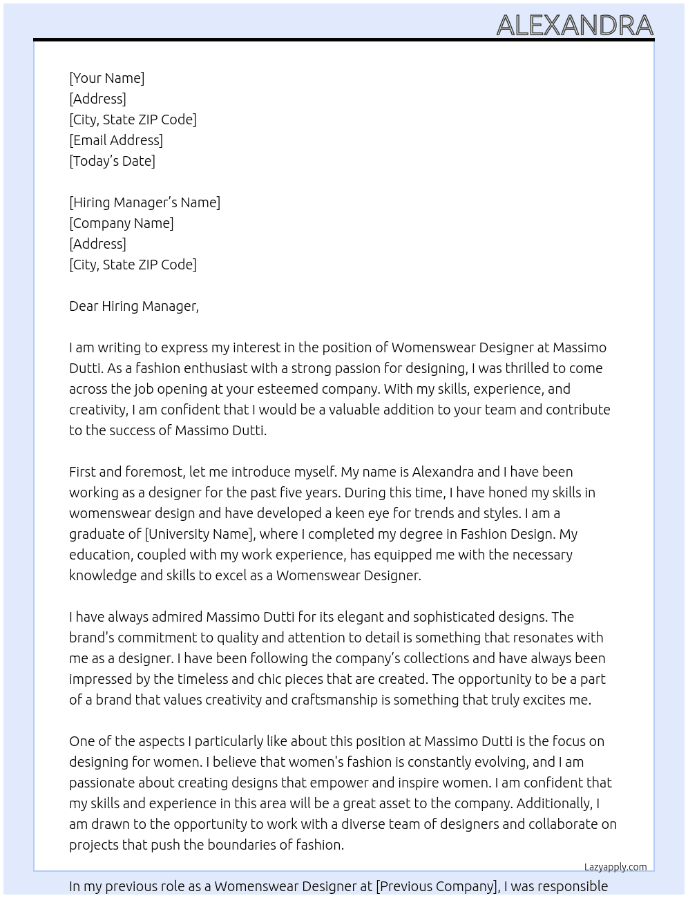 Womenswear Designer At Massimo Dutti Cover Letter