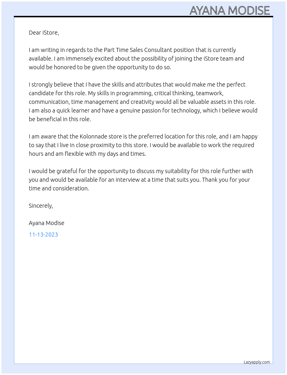 Part Time Sales Consultant At iStore  Cover Letter