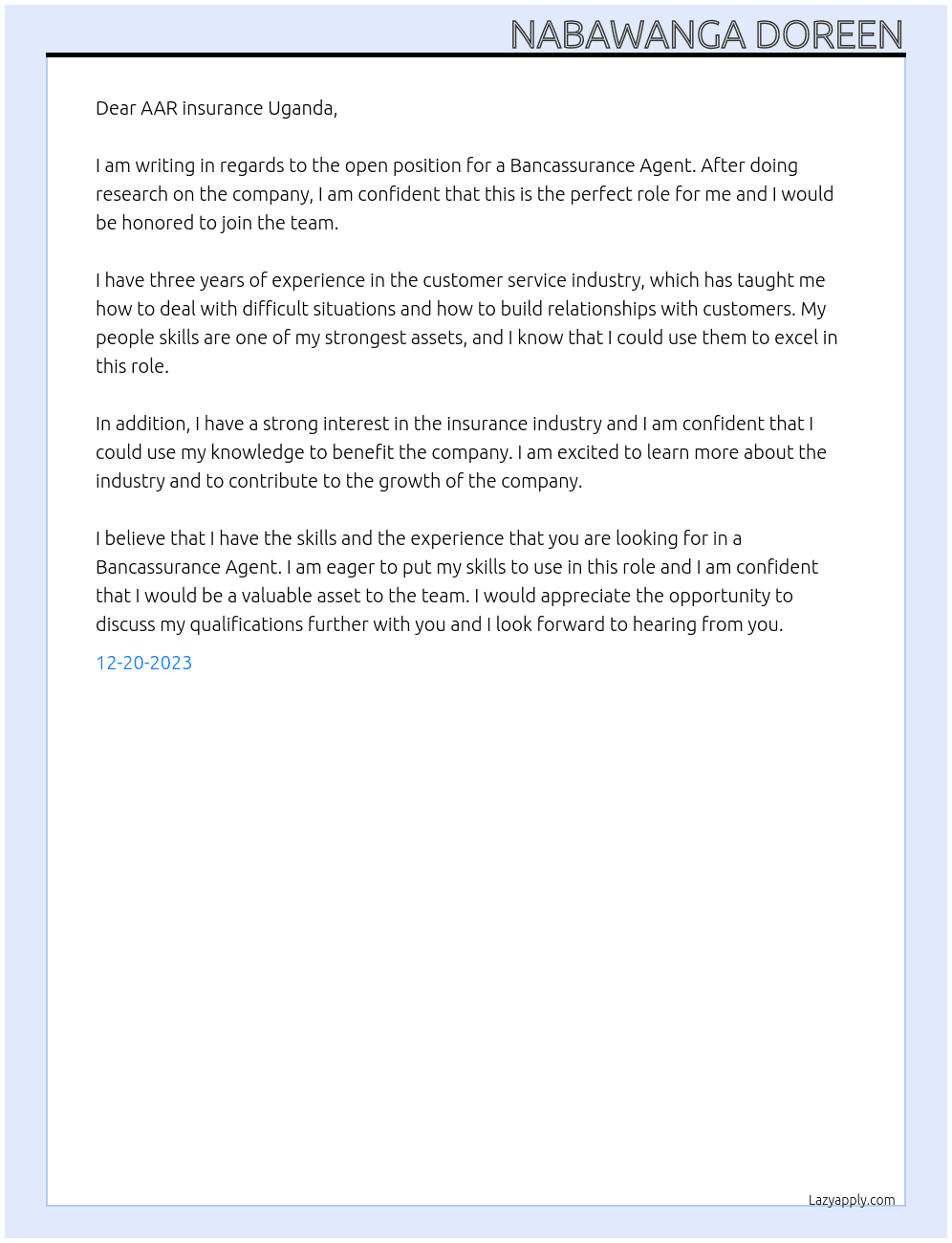 Bancassurance agent At AAR insurance Uganda  Cover Letter