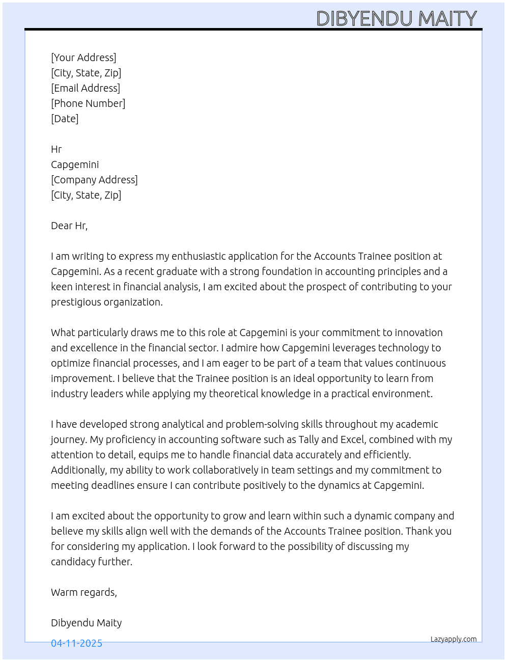Accounts trainee  At Capgemini  Cover Letter