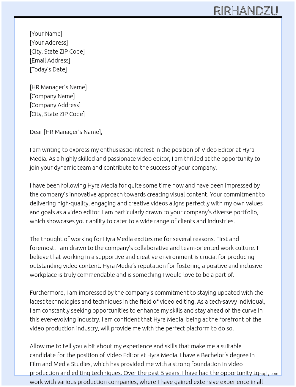 Video Editor  At Hyra Media Cover Letter