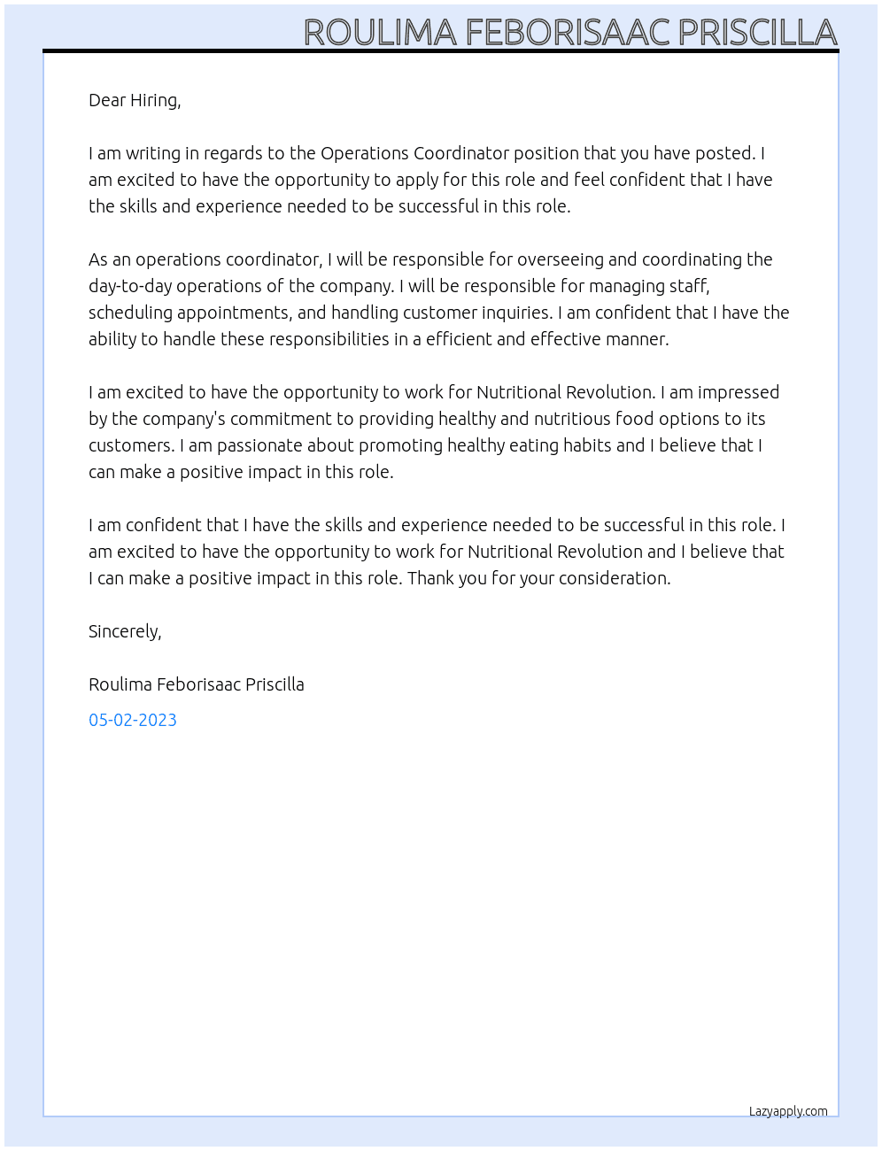 Operations Coordinator At Nutritional Revolution Cover Letter