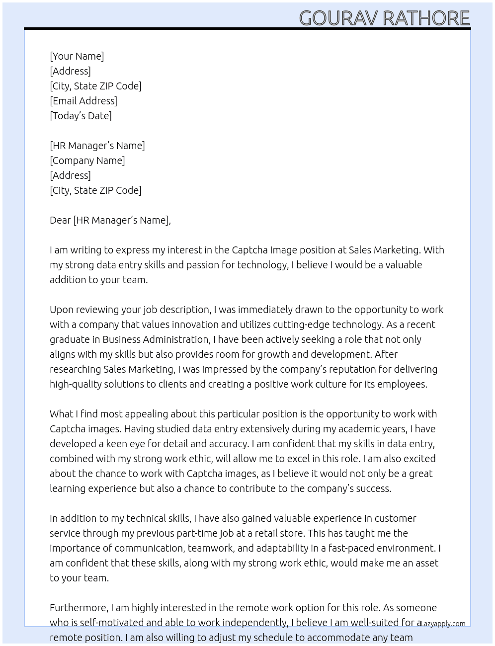 Captcha image  At Sales marketing  Cover Letter