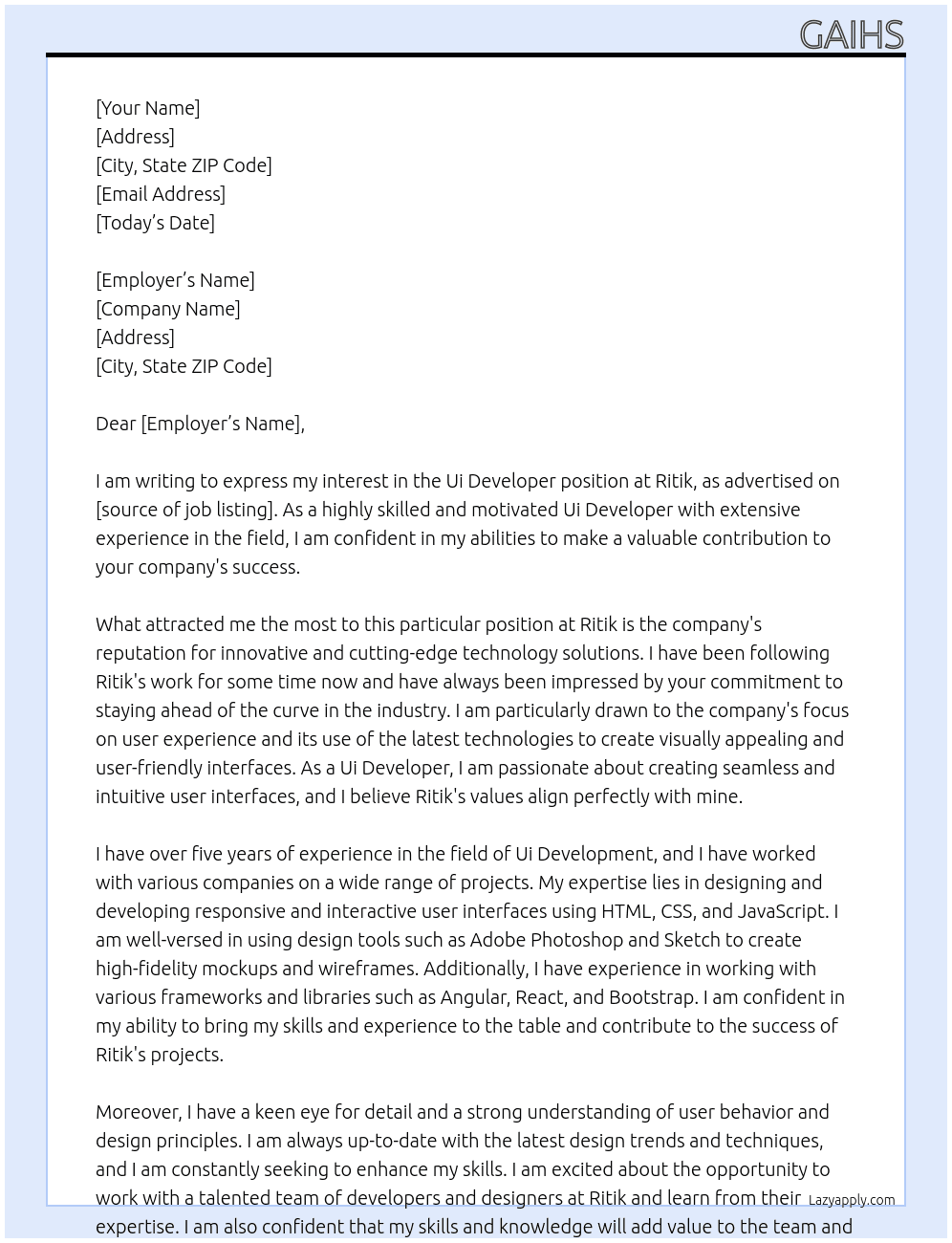 Ui Developer  At Ritik Cover Letter