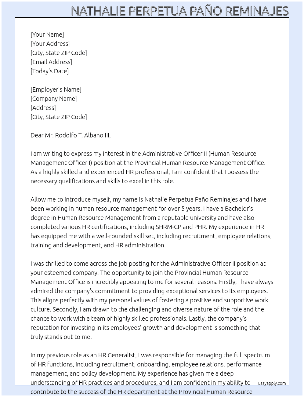 ADMINISTRATIVE OFFICER II (HUMAN RESOURCE MANAGEMENT OFFICER I) At Provincial Human Resource Management Office Cover Letter