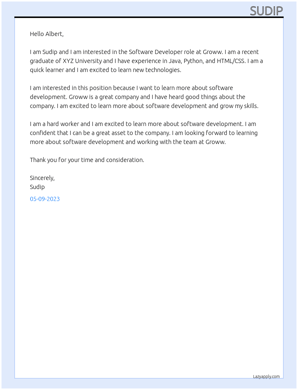 Software Developer At Groww Cover Letter