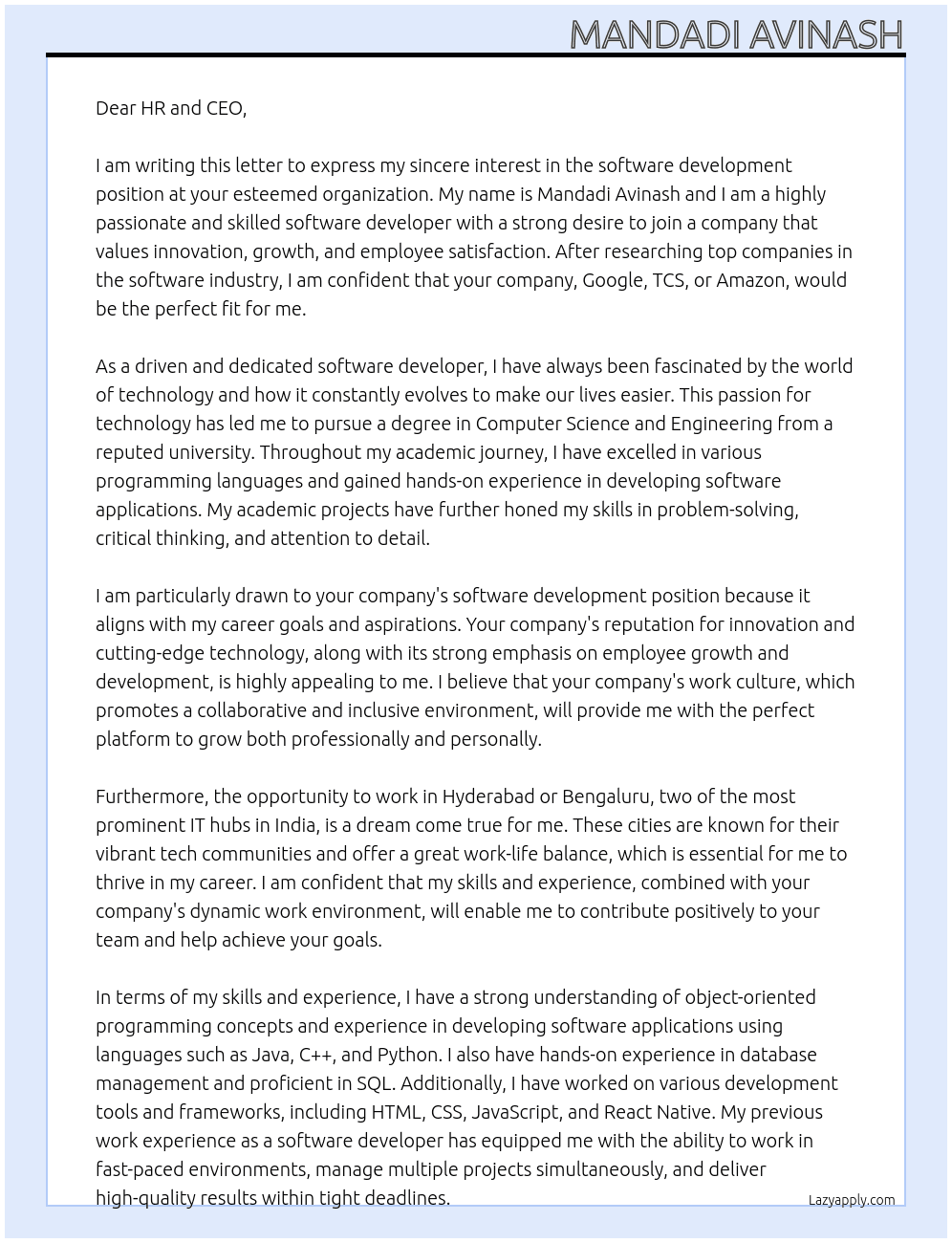 software-development At google,tcs,amazon Cover Letter
