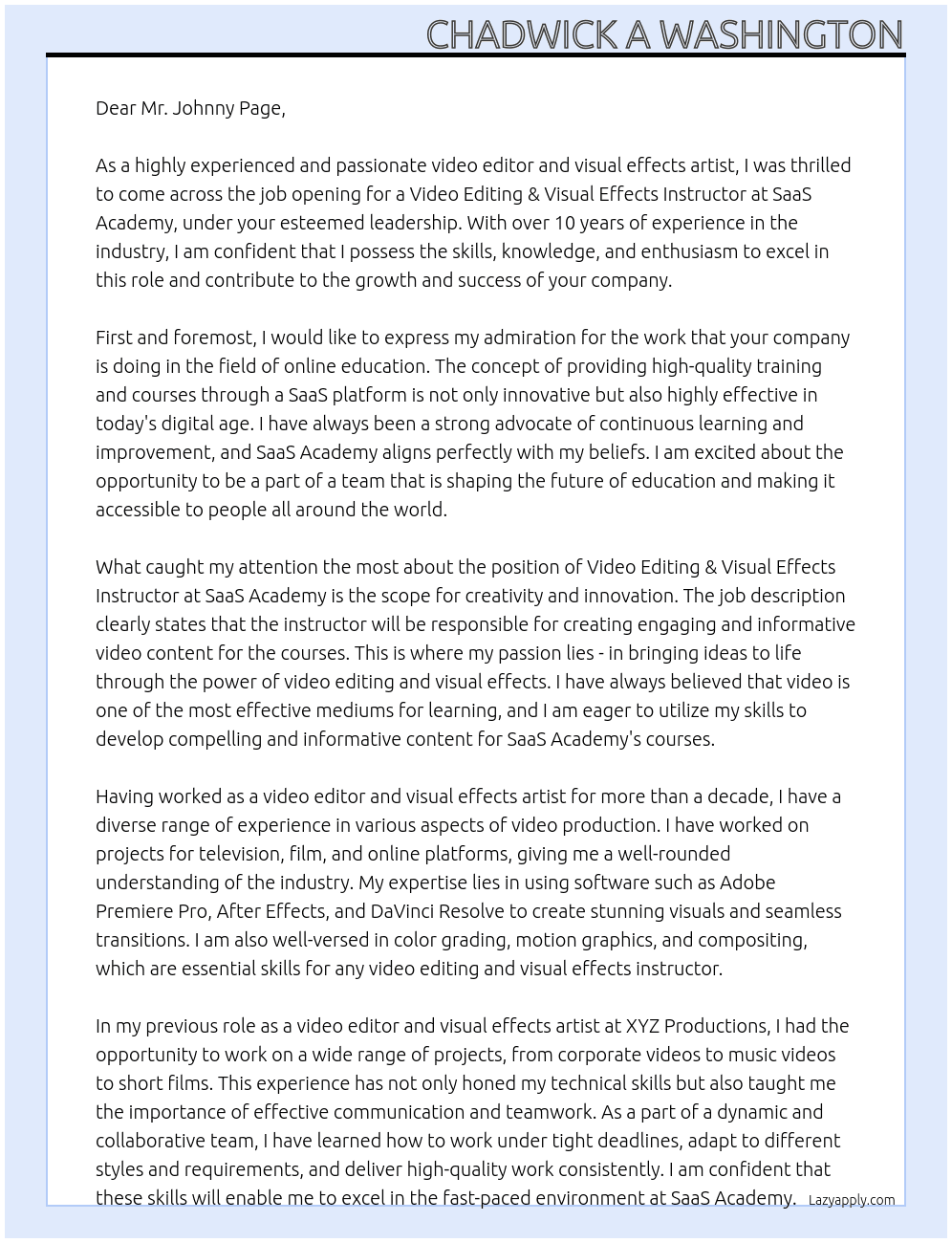 Video Editing & Visual Effects Instructor At SaaS Academy Cover Letter
