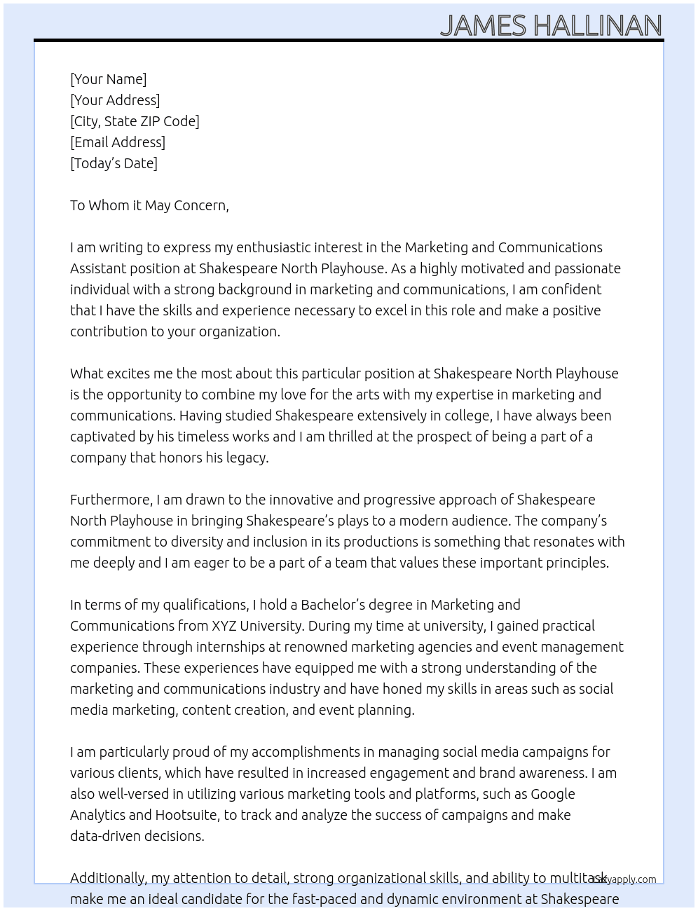 Marketing and Communications Assistant At Shakespeare North Playhouse Cover Letter