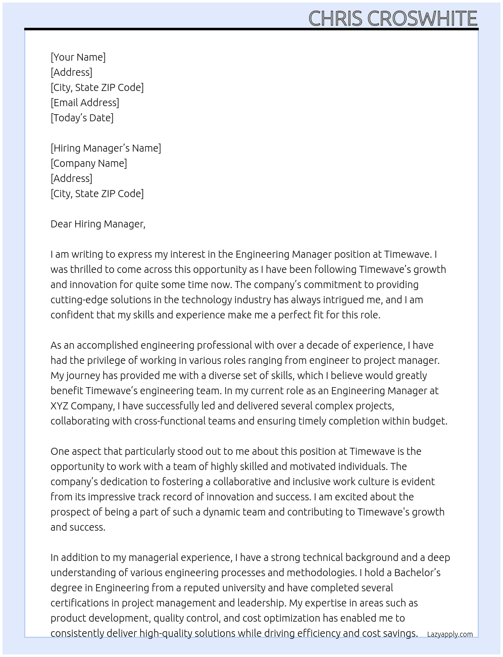 Engineering Manager At Timewave Cover Letter
