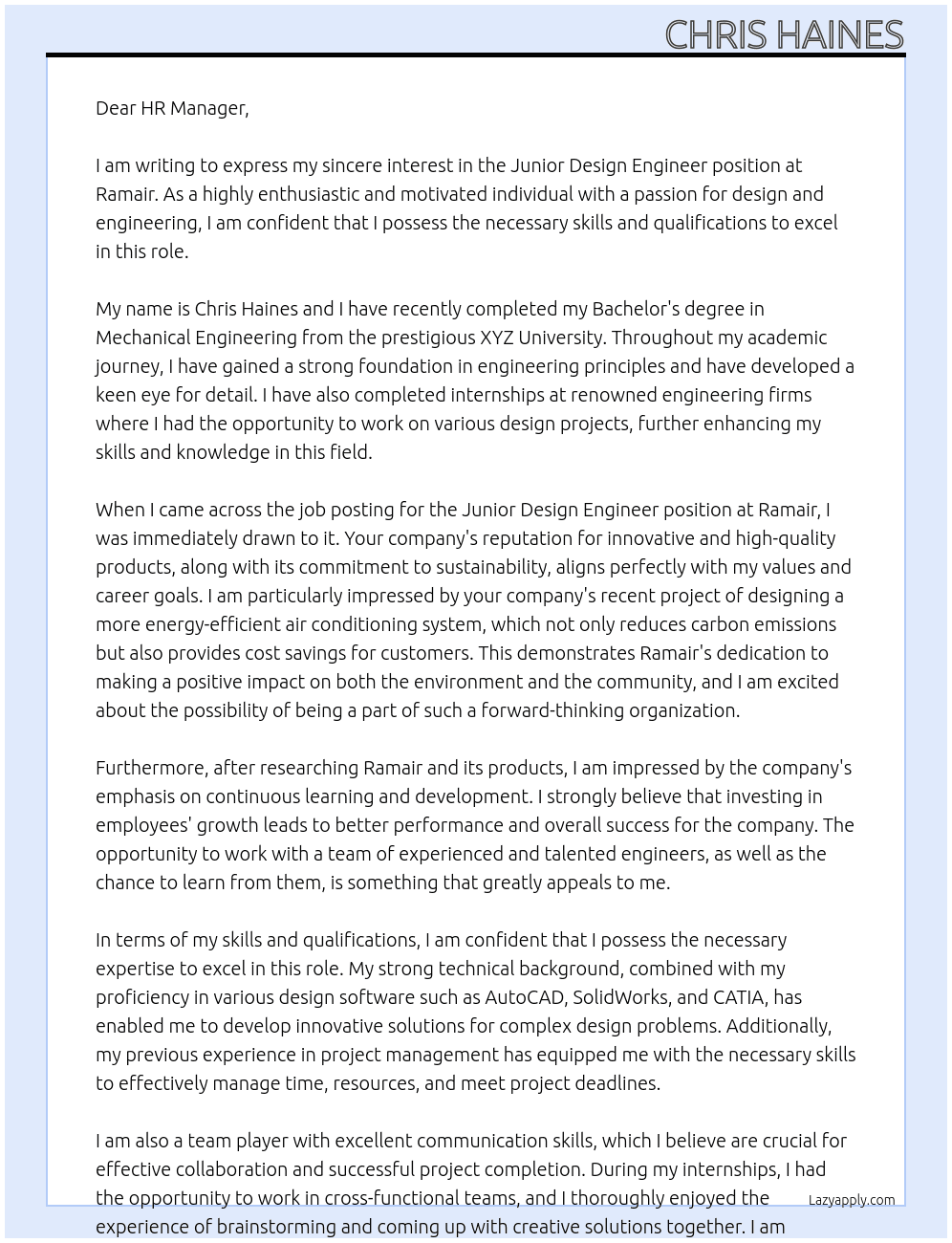 Junior Design Engineer At Ramair Cover Letter