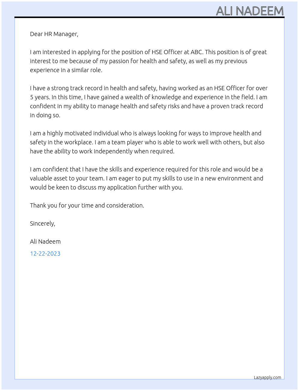 HSE OFFICER At ABC Cover Letter