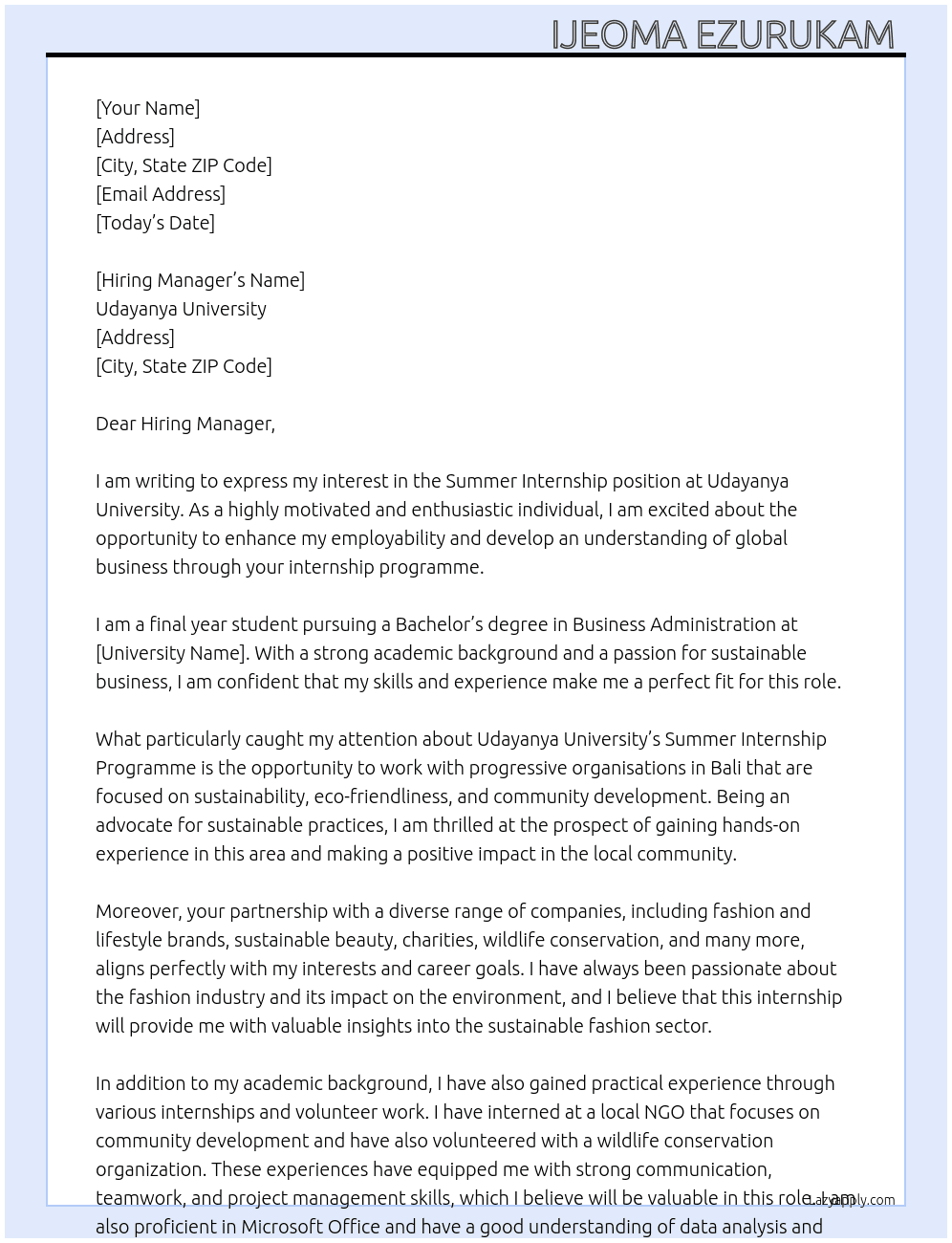 Summer Internship At Udayanya University  Cover Letter