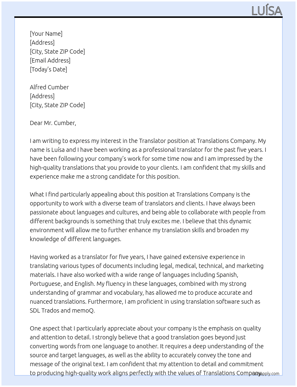 Translator At translations company Cover Letter