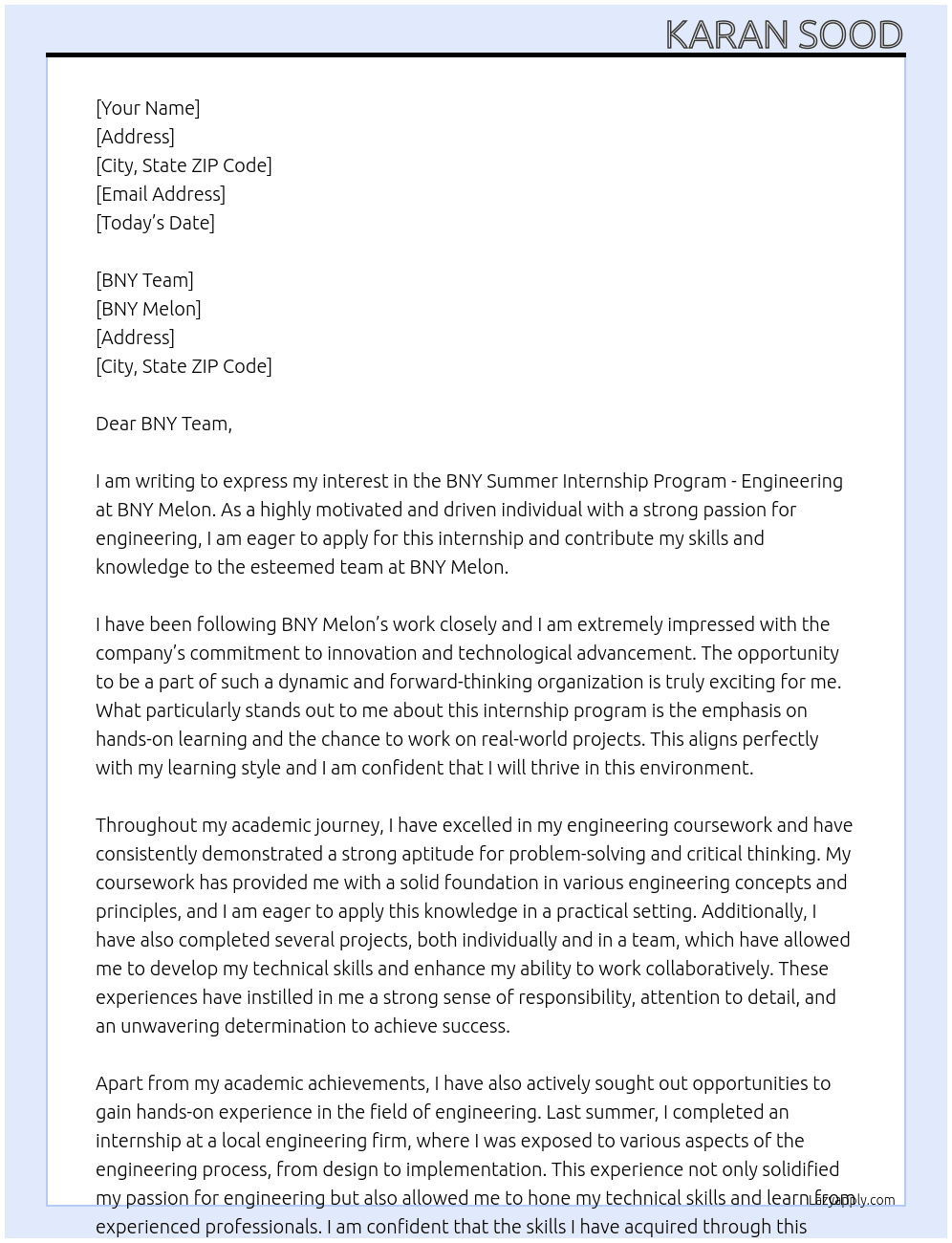  BNY Summer Internship Program - Engineering At BNY MELON Cover Letter