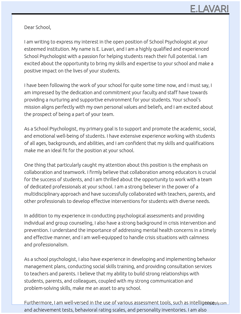 school psychologist At school Cover Letter