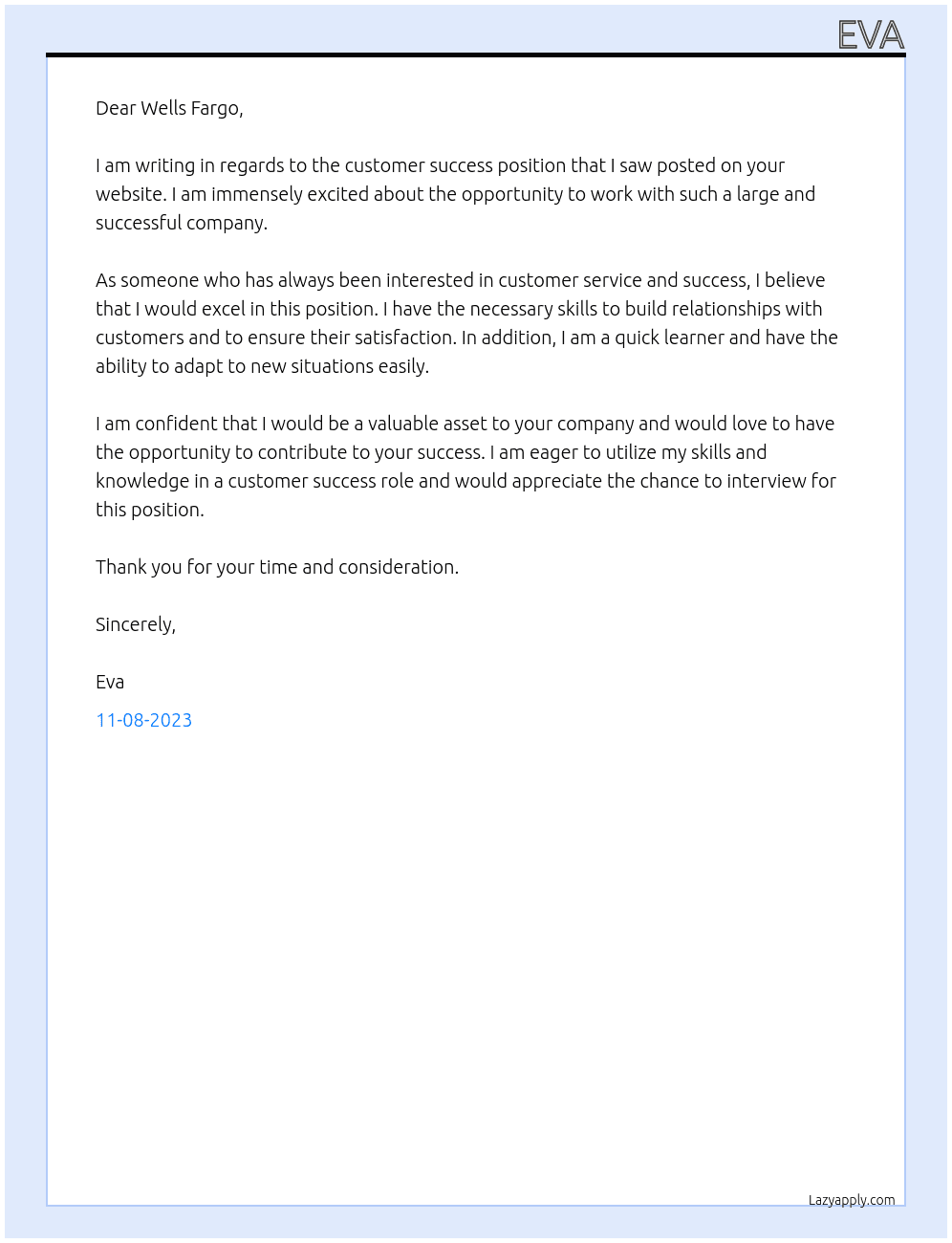 customer success At Wells Fargo Cover Letter