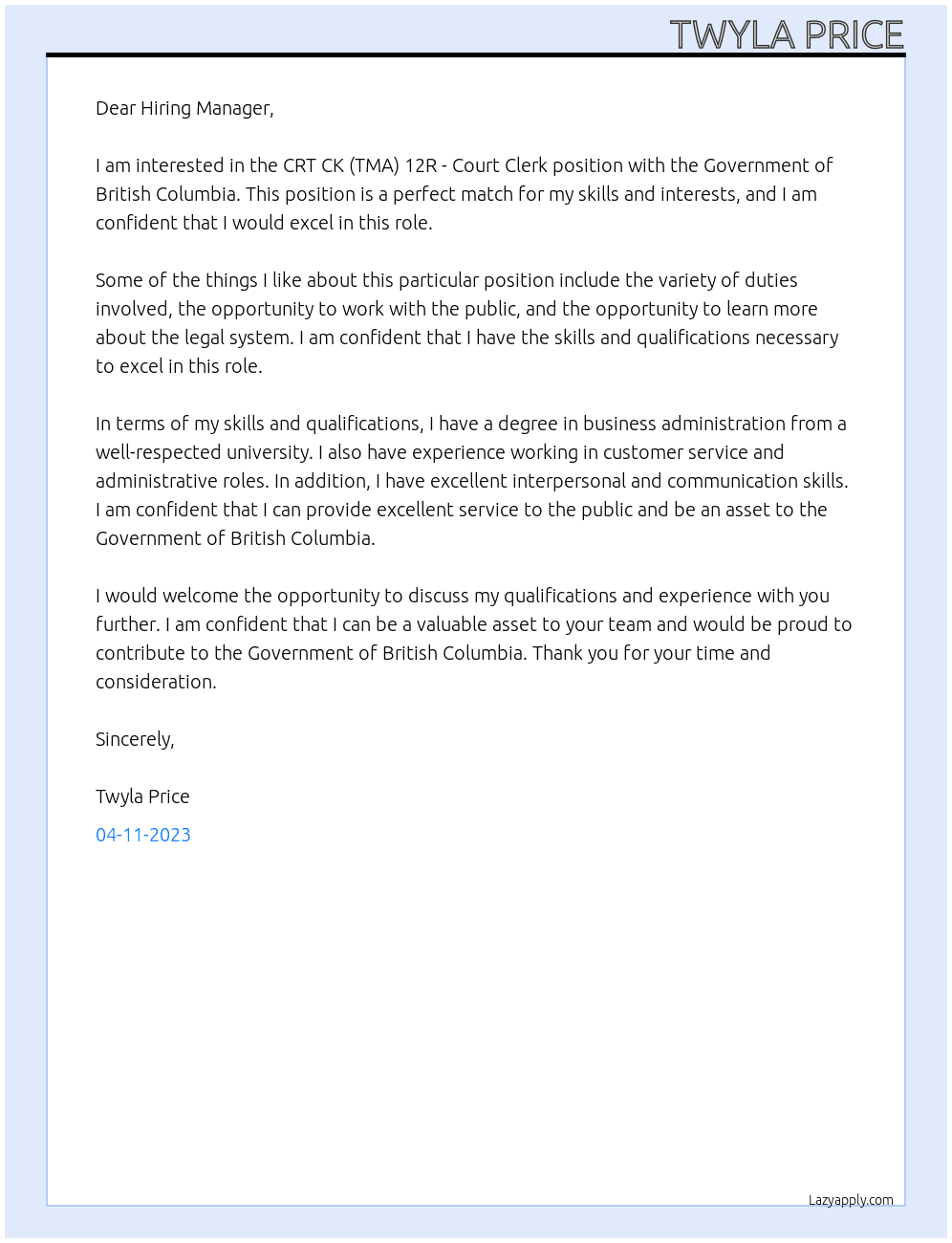 CRT CK (TMA) 12R - Court Clerk - (98524) At Government of British Columbia Cover Letter
