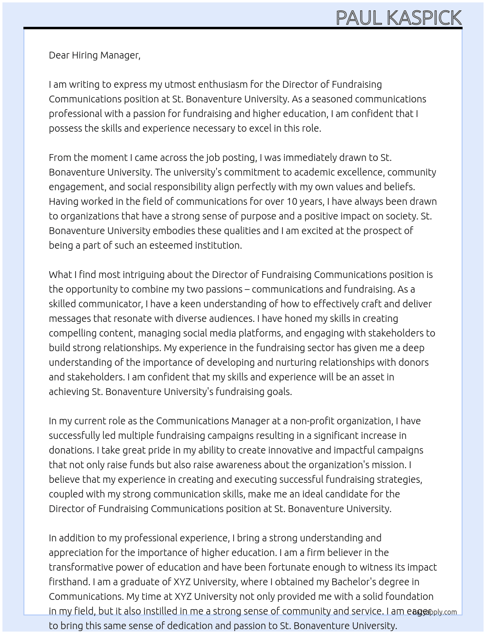 Director of Fundraising Communications At St. Bonaventure University Cover Letter