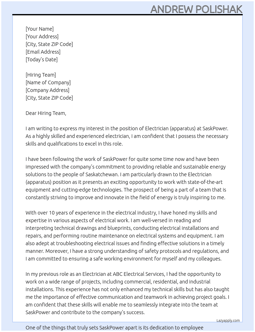 Electrician (apparatus) At SaskPower Cover Letter