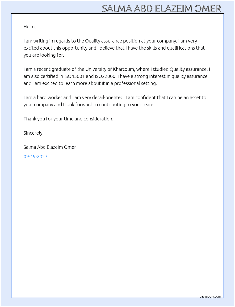 Quality assurance. Iso45001. Iso22000  At I don't no Cover Letter