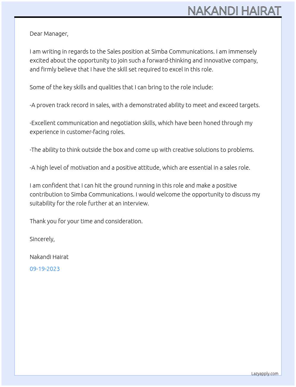 sales At simba communications Cover Letter