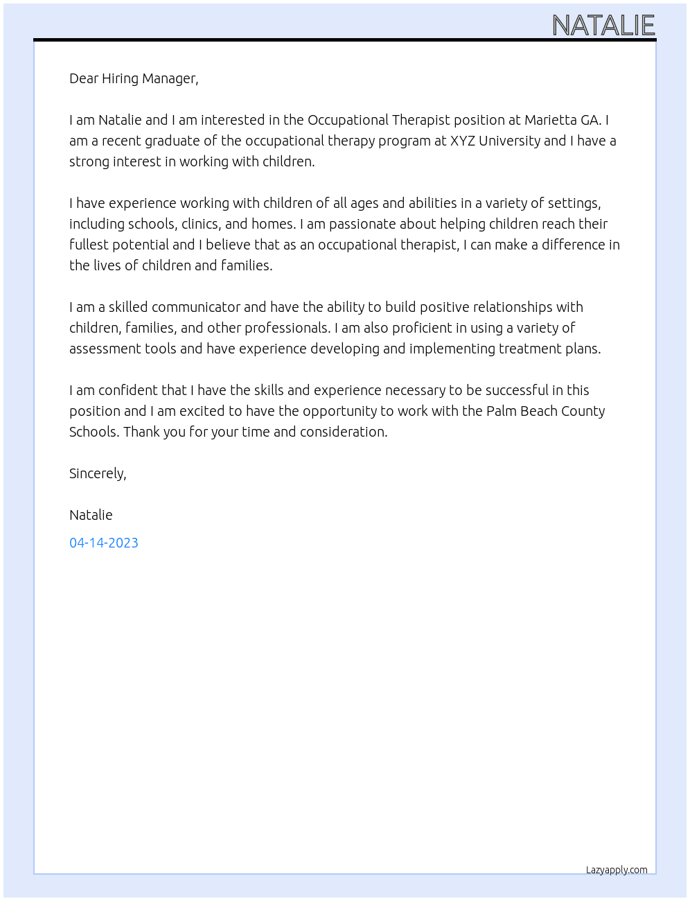 Occupational Therapist/Marietta GA At palm beach county schools Cover Letter