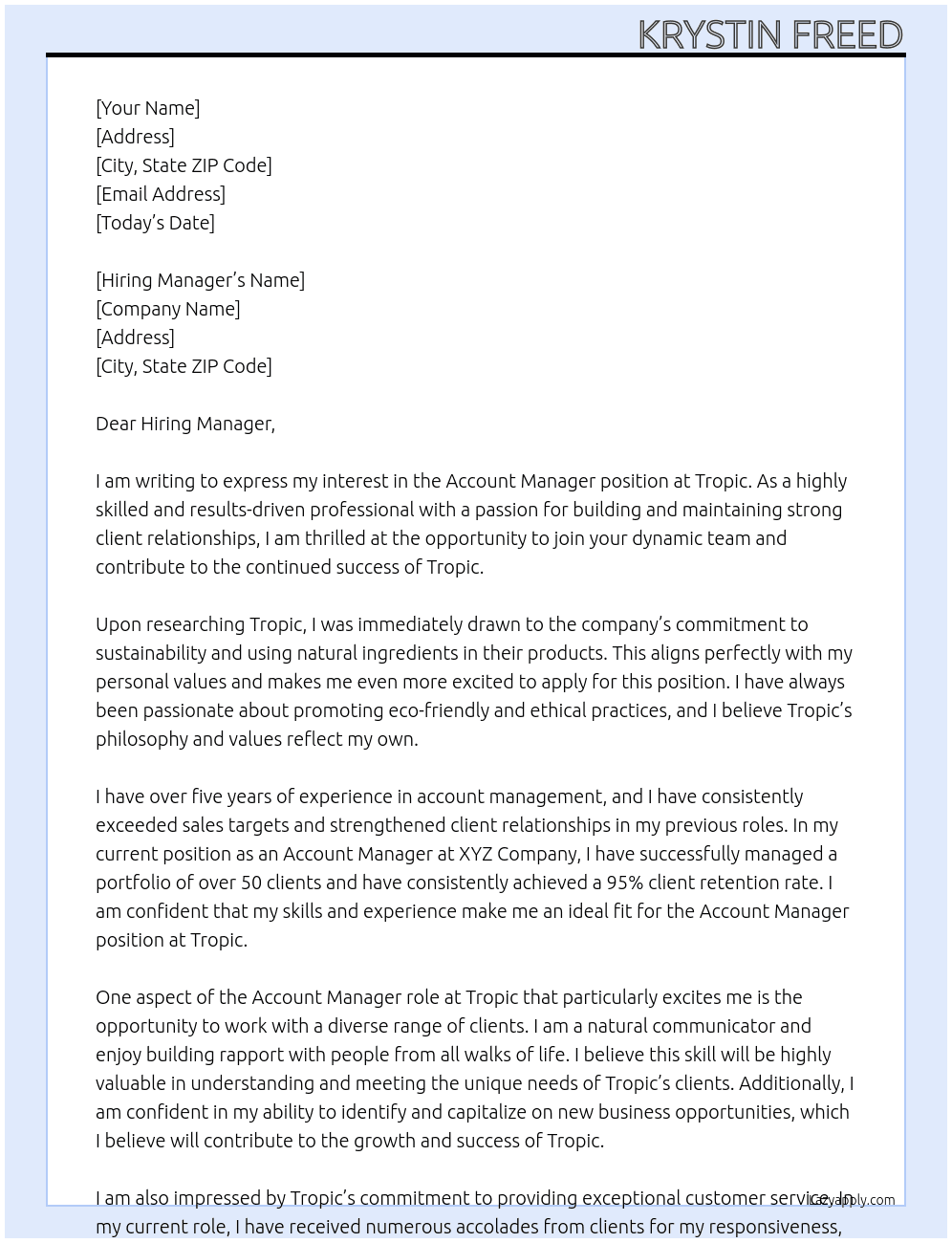 Account Manager At Tropic Cover Letter