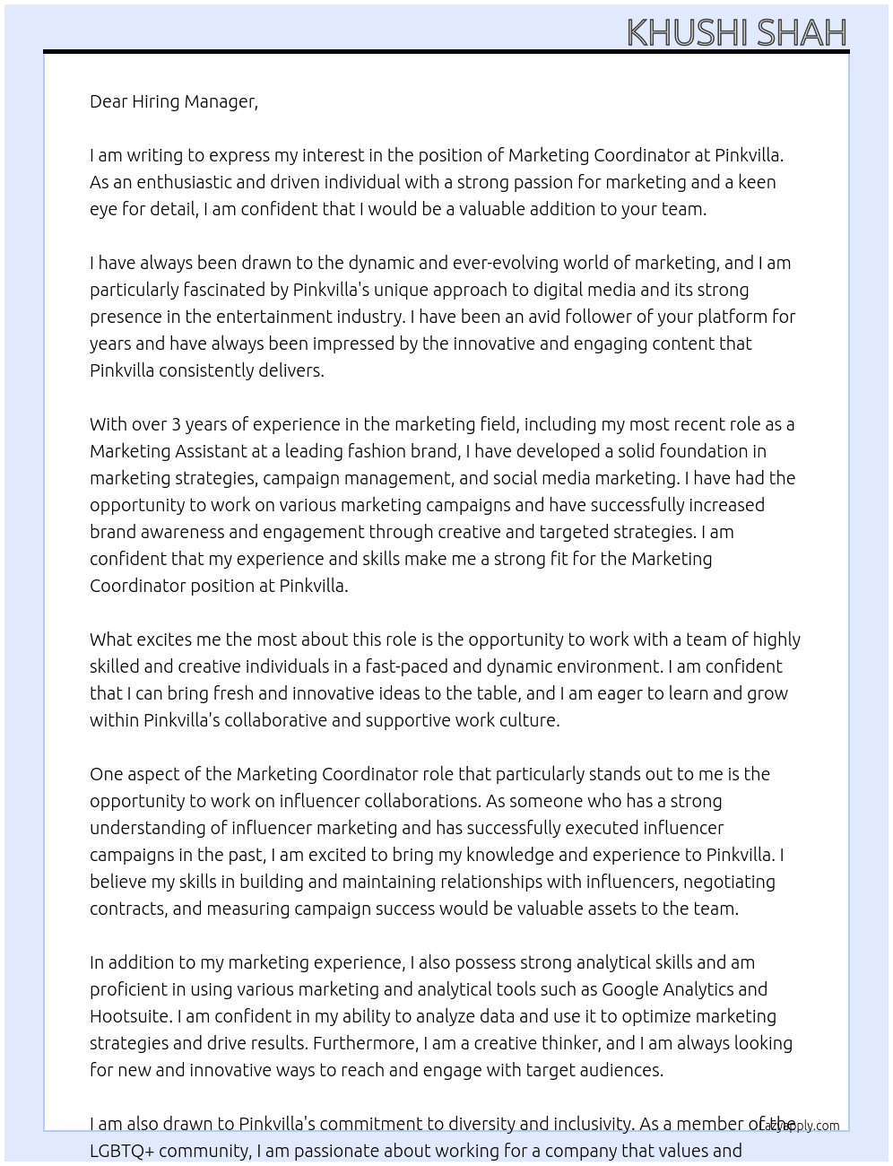 Marketing Cordinator At Pinkvilla Cover Letter