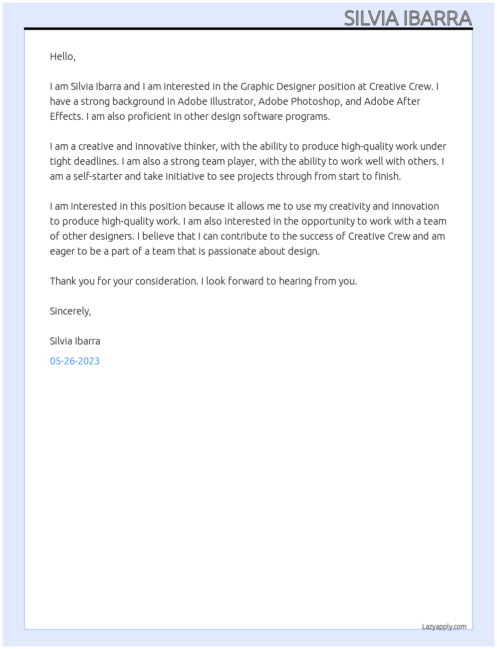 Graphic Designer At Creative Crew Cover Letter