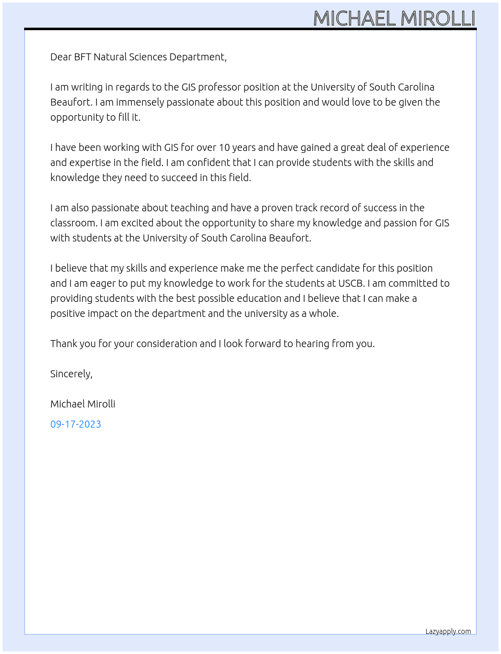 GIS professor  At University of South Carolina Beaufort Cover Letter