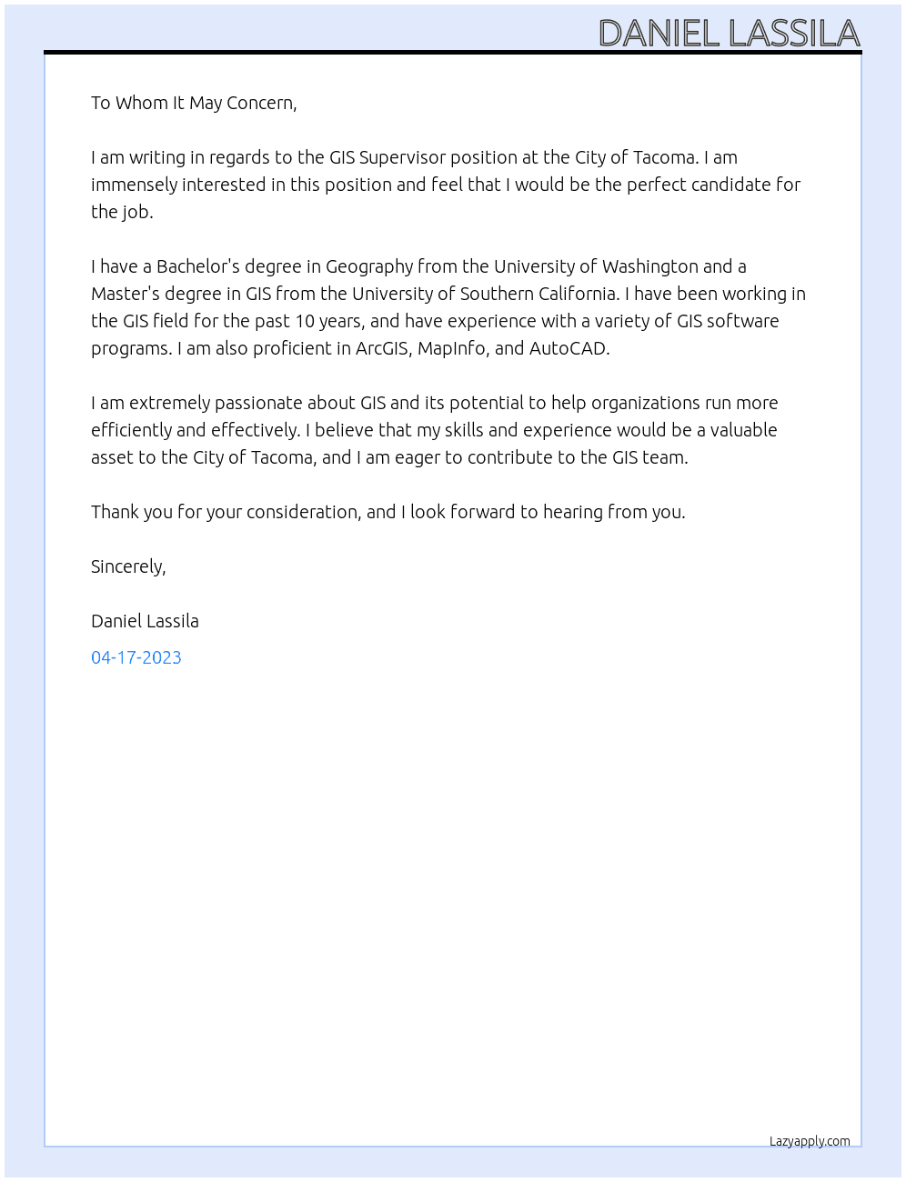 GIS Supervisor At City of Tacoma Cover Letter